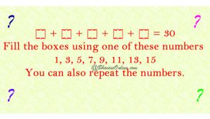 Fill the Boxes: [] + [] + [] + [] + [] = 30 | BhaviniOnline.com